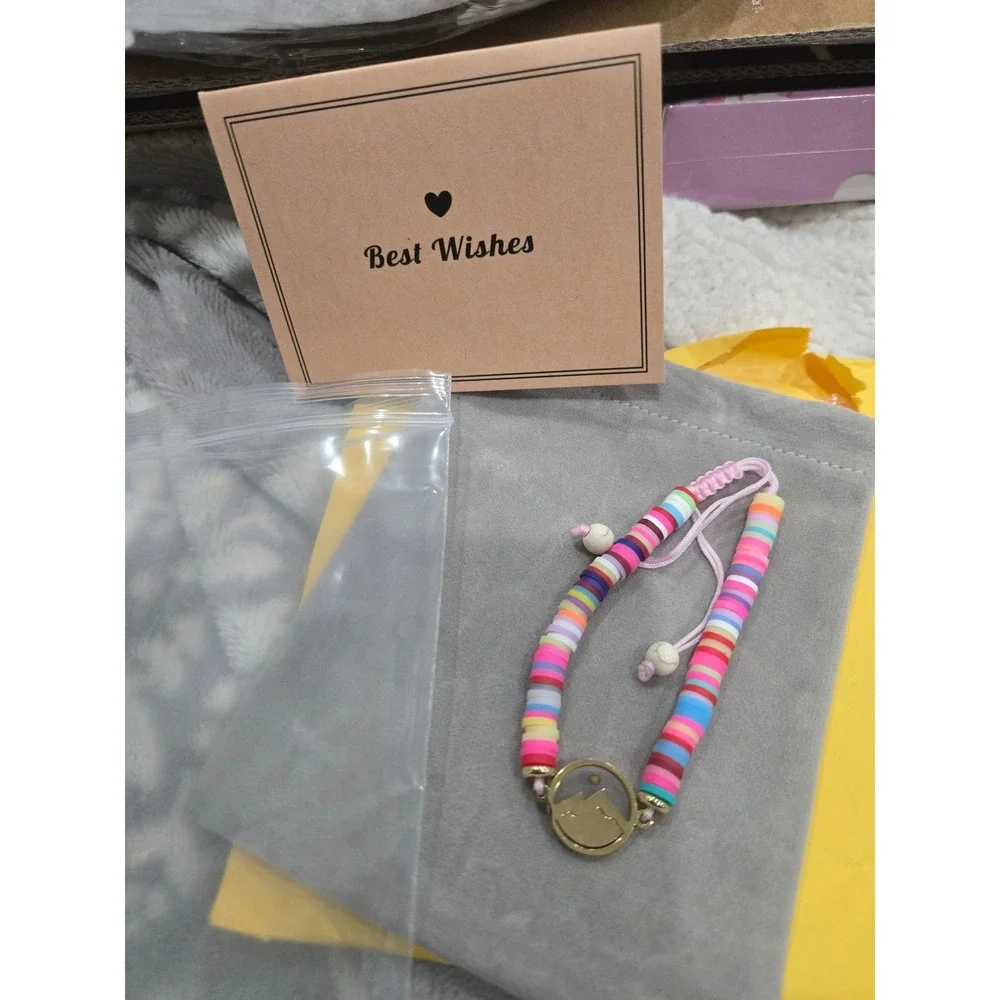 Confirmation Gift Clay Disc Beaded Bracelet Mountain Charm Adjustable Pink‎ Cord